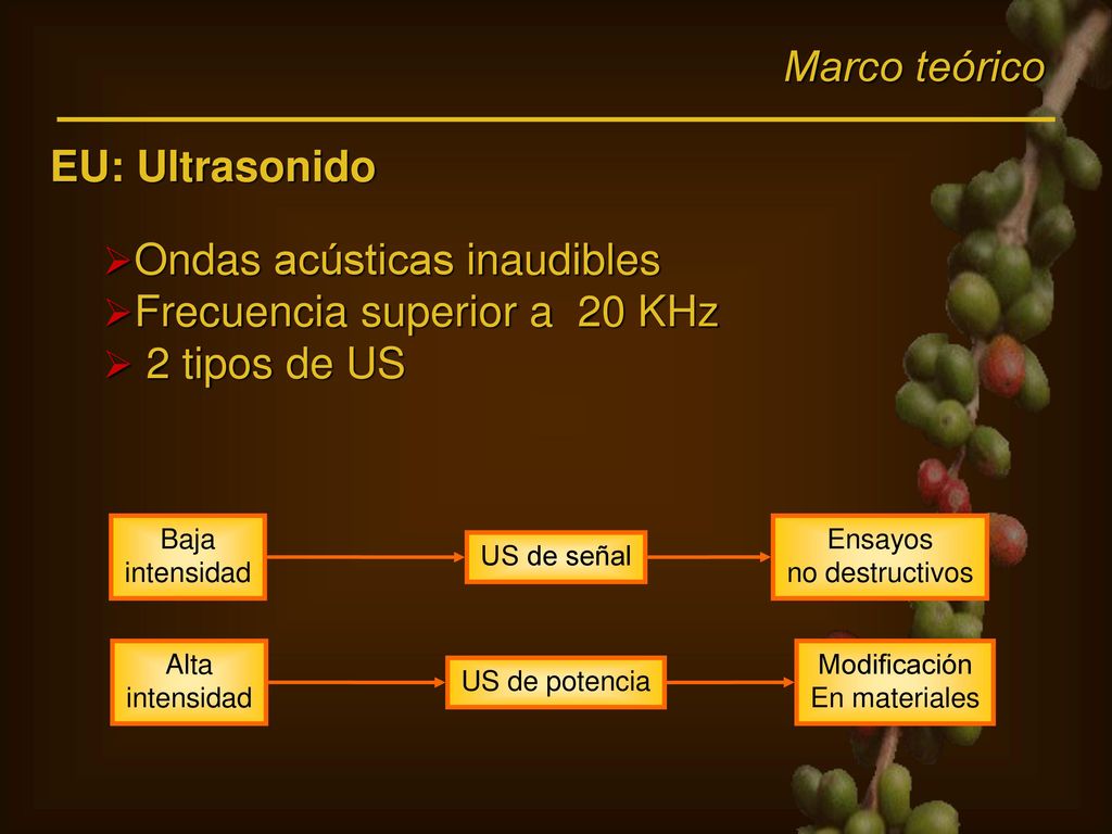 Ondas acústicas inaudibles Frecuencia superior a 20 KHz 2 tipos de US