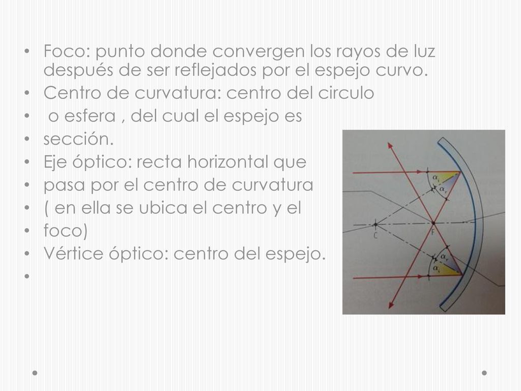 Foco: punto donde convergen los rayos de luz después de ser reflejados por el espejo curvo.
