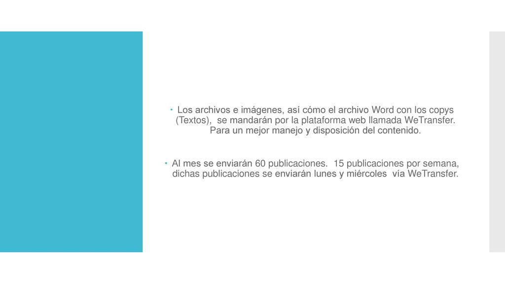 Los archivos e imágenes, así cómo el archivo Word con los copys (Textos), se mandarán por la plataforma web llamada WeTransfer. Para un mejor manejo y disposición del contenido.