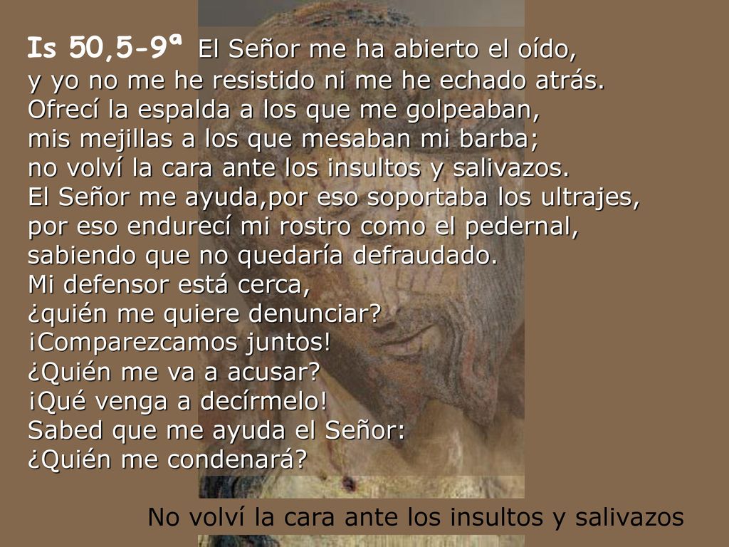 Is 50,5-9ª El Señor me ha abierto el oído, y yo no me he resistido ni me he echado atrás. Ofrecí la espalda a los que me golpeaban, mis mejillas a los que mesaban mi barba; no volví la cara ante los insultos y salivazos. El Señor me ayuda,por eso soportaba los ultrajes, por eso endurecí mi rostro como el pedernal, sabiendo que no quedaría defraudado. Mi defensor está cerca, ¿quién me quiere denunciar ¡Comparezcamos juntos!