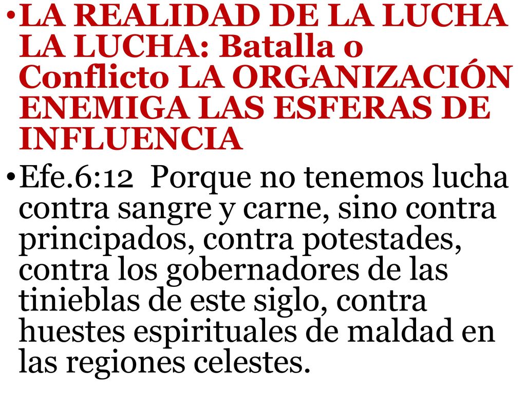 LA REALIDAD DE LA LUCHA LA LUCHA: Batalla o Conflicto LA ORGANIZACIÓN ENEMIGA LAS ESFERAS DE INFLUENCIA