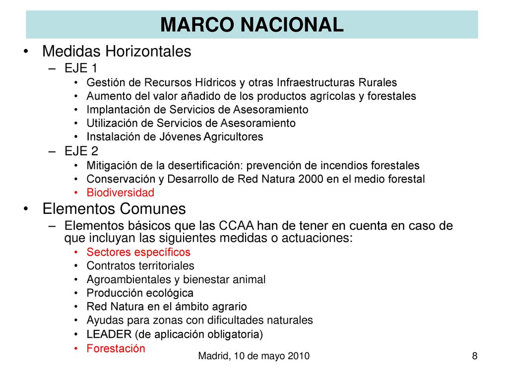 MARCO NACIONAL Medidas Horizontales Elementos Comunes EJE 1 EJE 2