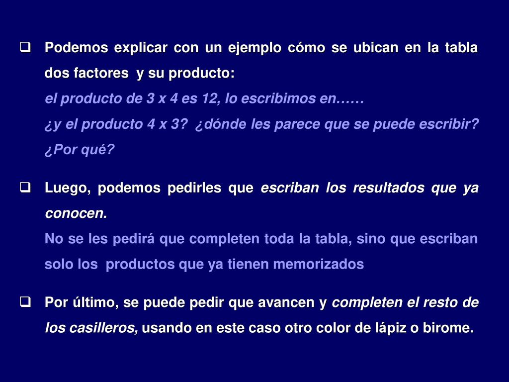 Podemos explicar con un ejemplo cómo se ubican en la tabla dos factores y su producto: