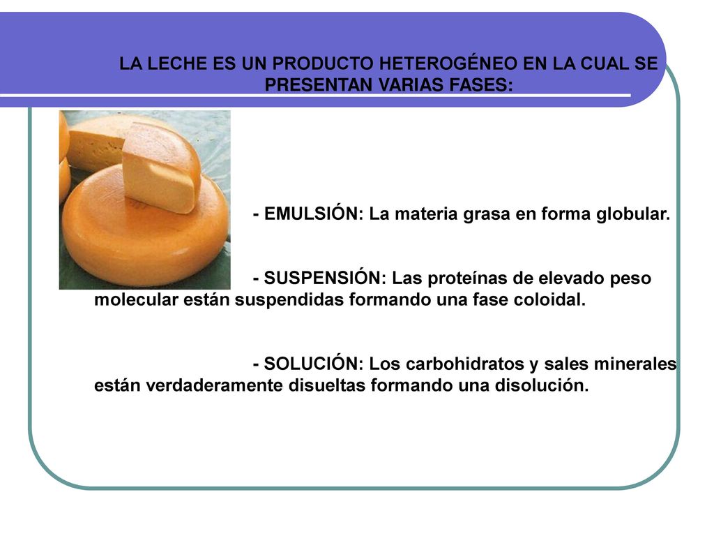 LA LECHE ES UN PRODUCTO HETEROGÉNEO EN LA CUAL SE PRESENTAN VARIAS FASES: