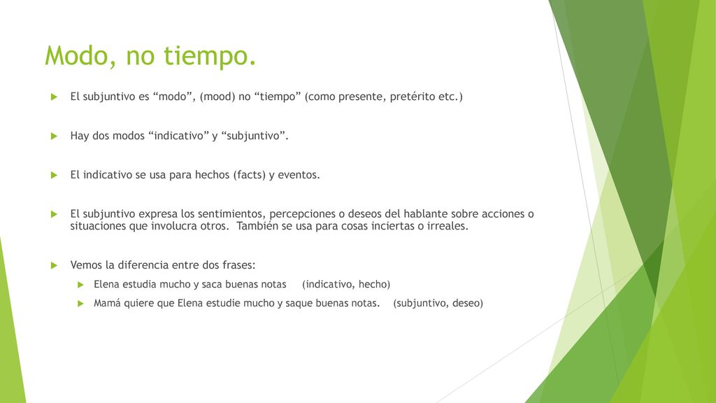Modo, no tiempo. El subjuntivo es modo , (mood) no tiempo (como presente, pretérito etc.) Hay dos modos indicativo y subjuntivo .