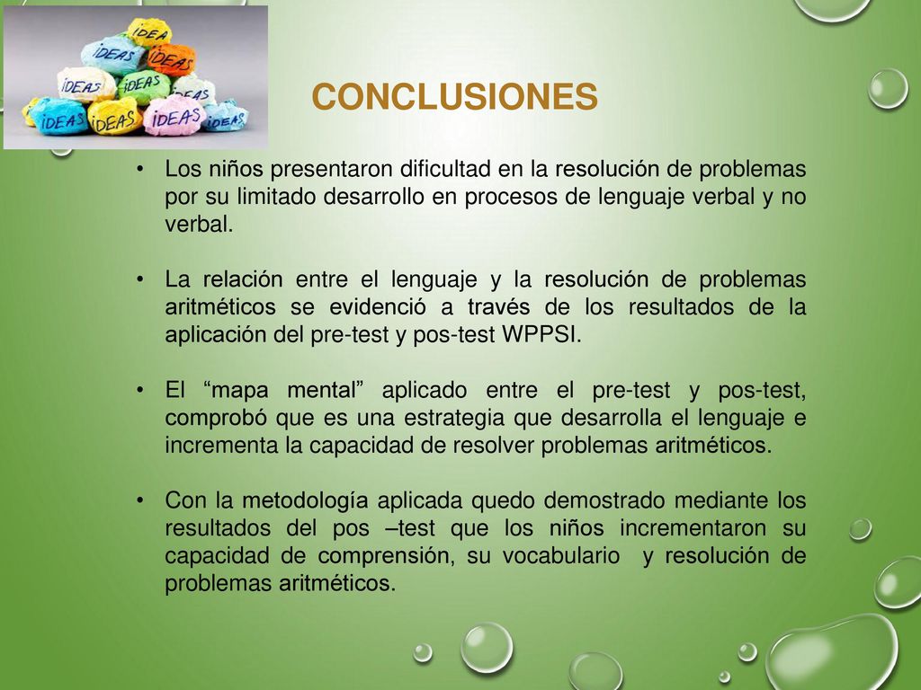 CONCLUSIONES Los niños presentaron dificultad en la resolución de problemas por su limitado desarrollo en procesos de lenguaje verbal y no verbal.