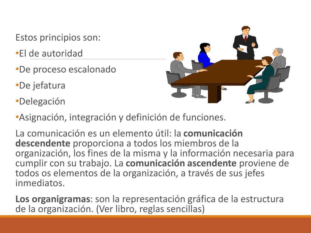 Estos principios son: El de autoridad. De proceso escalonado. De jefatura. Delegación. Asignación, integración y definición de funciones.