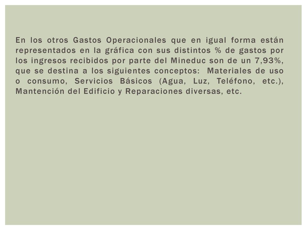 En los otros Gastos Operacionales que en igual forma están representados en la gráfica con sus distintos % de gastos por los ingresos recibidos por parte del Mineduc son de un 7,93%, que se destina a los siguientes conceptos: Materiales de uso o consumo, Servicios Básicos (Agua, Luz, Teléfono, etc.), Mantención del Edificio y Reparaciones diversas, etc.