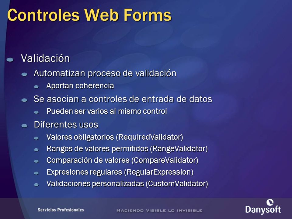 Controles Web Forms Validación Automatizan proceso de validación