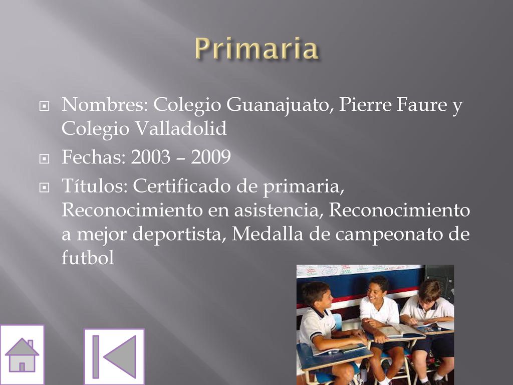 Primaria Nombres: Colegio Guanajuato, Pierre Faure y Colegio Valladolid. Fechas: 2003 –