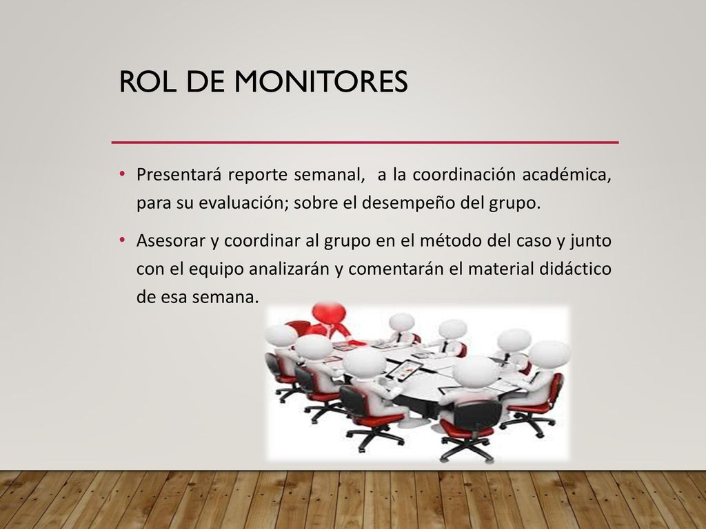 Rol de monitores Presentará reporte semanal, a la coordinación académica, para su evaluación; sobre el desempeño del grupo.
