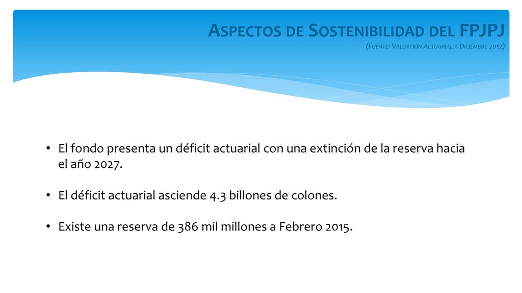 Aspectos de Sostenibilidad del FPJPJ (Fuente: Valuación Actuarial a Diciembre 2012)