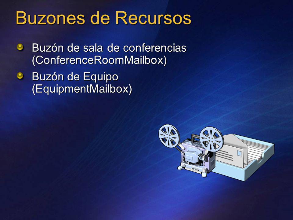 Buzones de Recursos Buzón de sala de conferencias (ConferenceRoomMailbox) Buzón de Equipo (EquipmentMailbox)