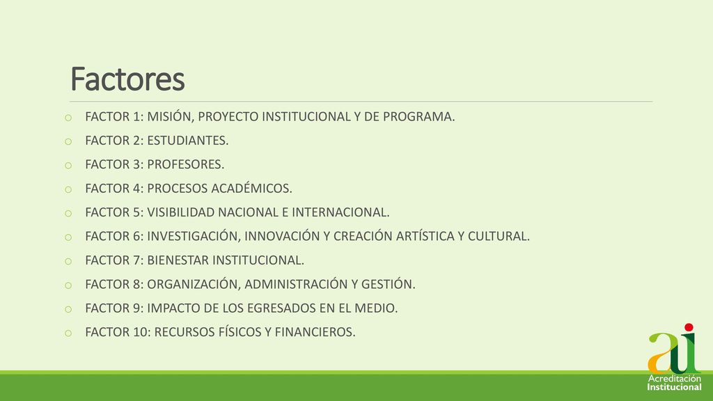 Factores FACTOR 1: MISIÓN, PROYECTO INSTITUCIONAL Y DE PROGRAMA.