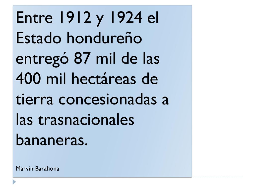 Entre 1912 y 1924 el Estado hondureño entregó 87 mil de las 400 mil hectáreas de tierra concesionadas a las trasnacionales bananeras.