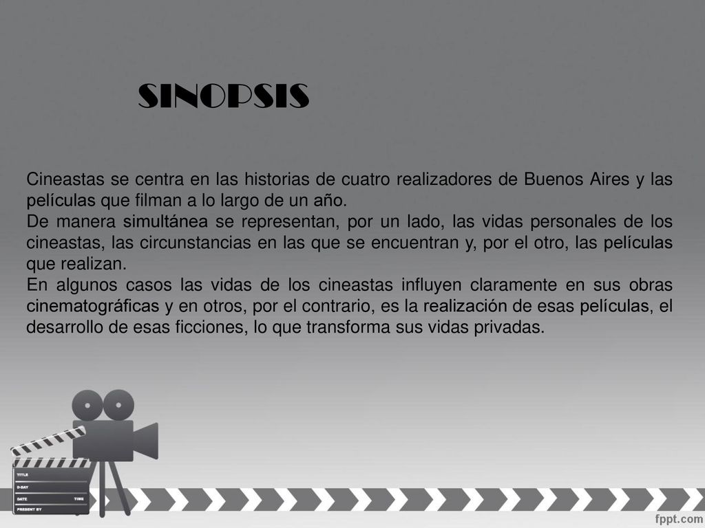 SINOPSIS Cineastas se centra en las historias de cuatro realizadores de Buenos Aires y las películas que filman a lo largo de un año.