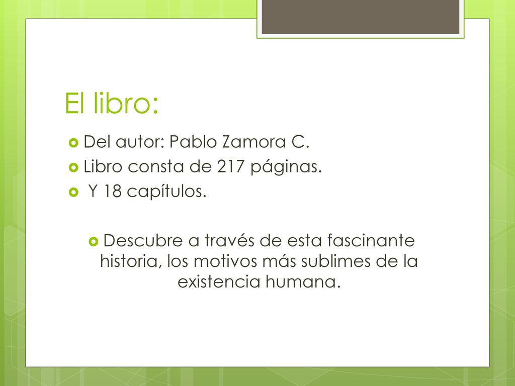 El libro: Del autor: Pablo Zamora C. Libro consta de 217 páginas.