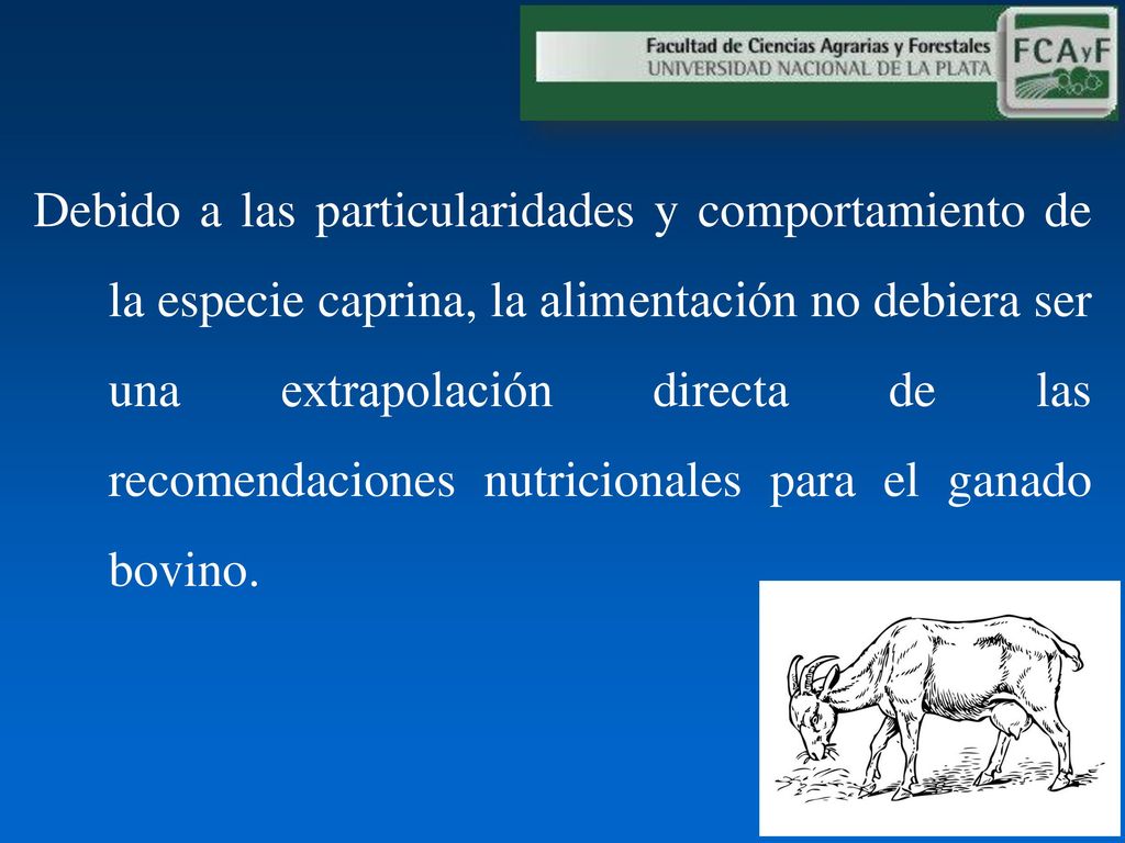 Debido a las particularidades y comportamiento de la especie caprina, la alimentación no debiera ser una extrapolación directa de las recomendaciones nutricionales para el ganado bovino.