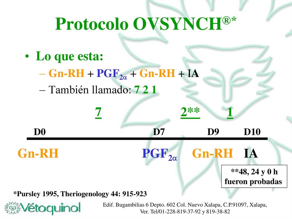 Protocolo OVSYNCH®* Lo que esta: 7 2** 1 Gn-RH PGF2 Gn-RH IA