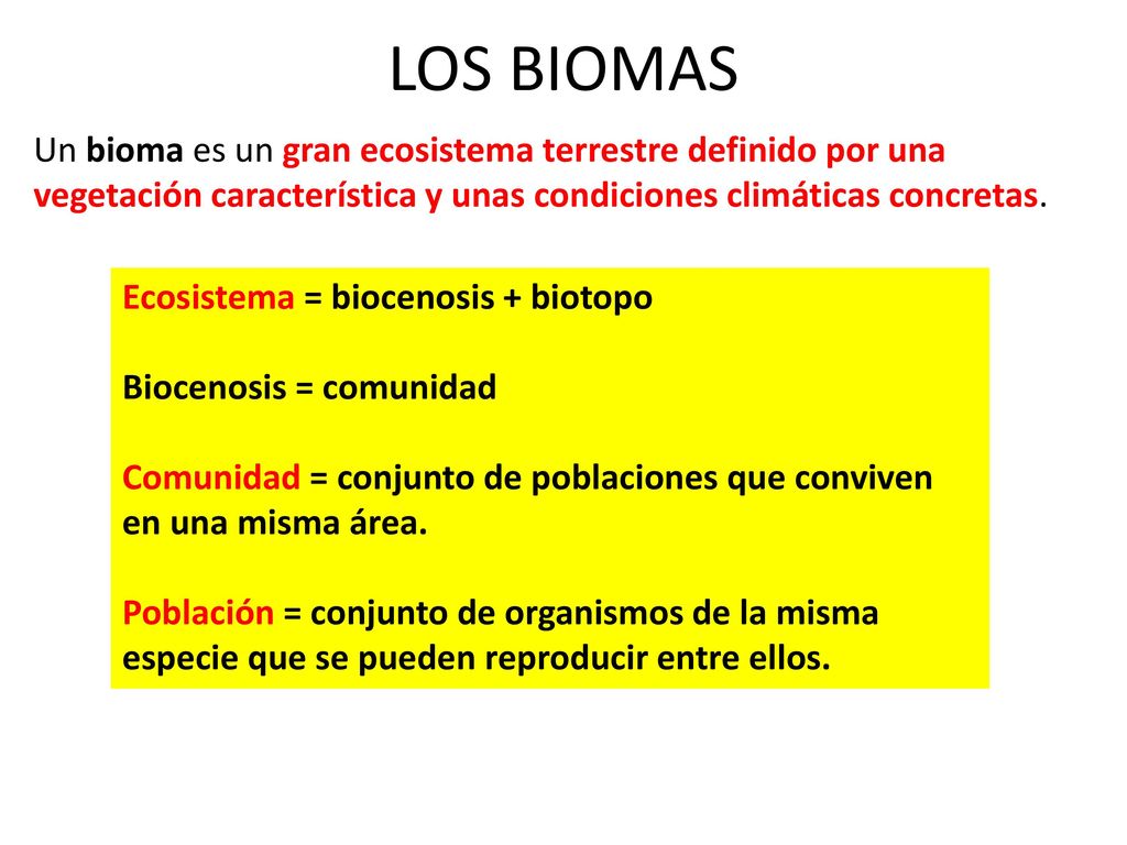 LOS BIOMAS Un bioma es un gran ecosistema terrestre definido por una vegetación característica y unas condiciones climáticas concretas.