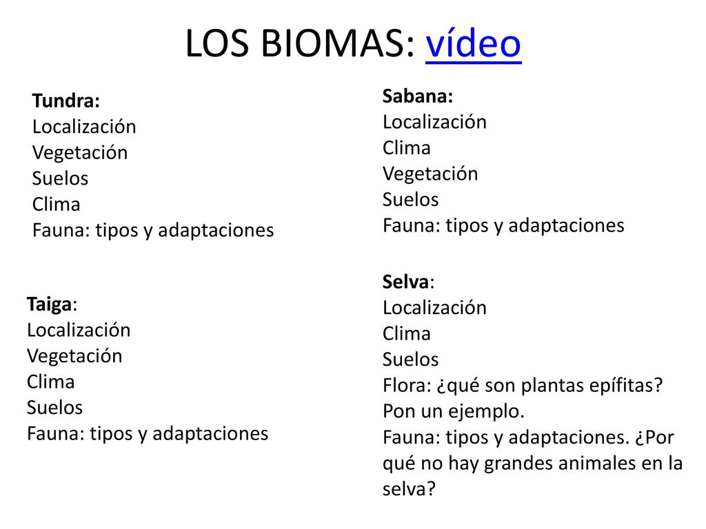 LOS BIOMAS: vídeo Tundra: Localización Vegetación Suelos Clima Fauna: tipos y adaptaciones. Sabana: Localización Clima.