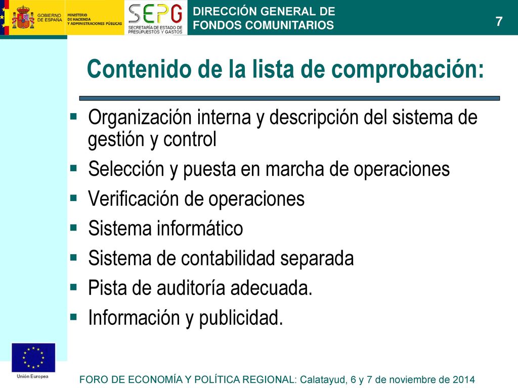 Contenido de la lista de comprobación: