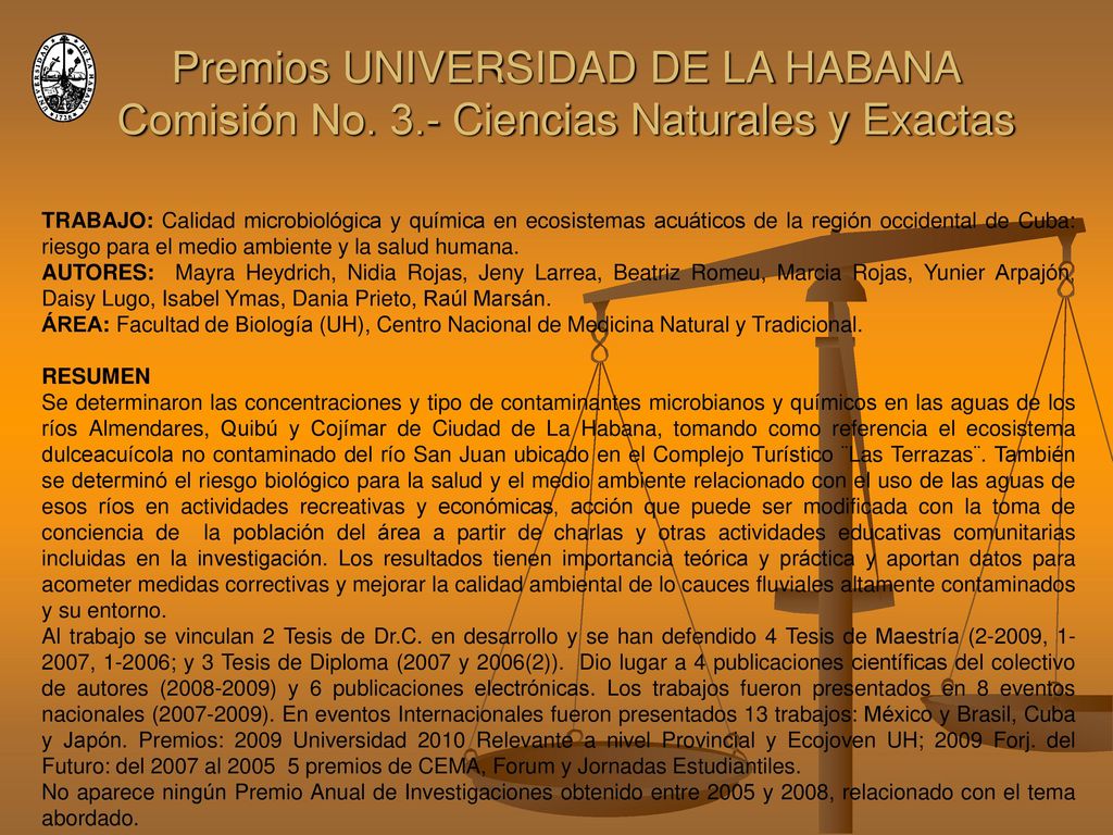 TRABAJO: Calidad microbiológica y química en ecosistemas acuáticos de la región occidental de Cuba: riesgo para el medio ambiente y la salud humana.