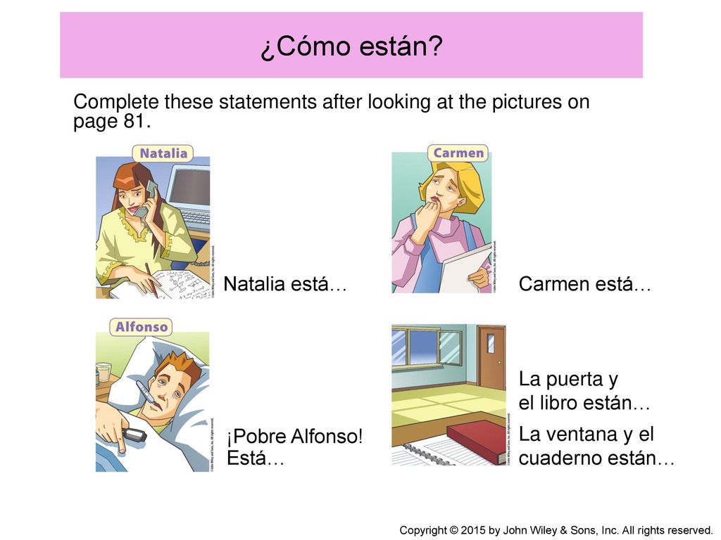 ¿Cómo están Complete these statements after looking at the pictures on page 81. Natalia está… Carmen está…