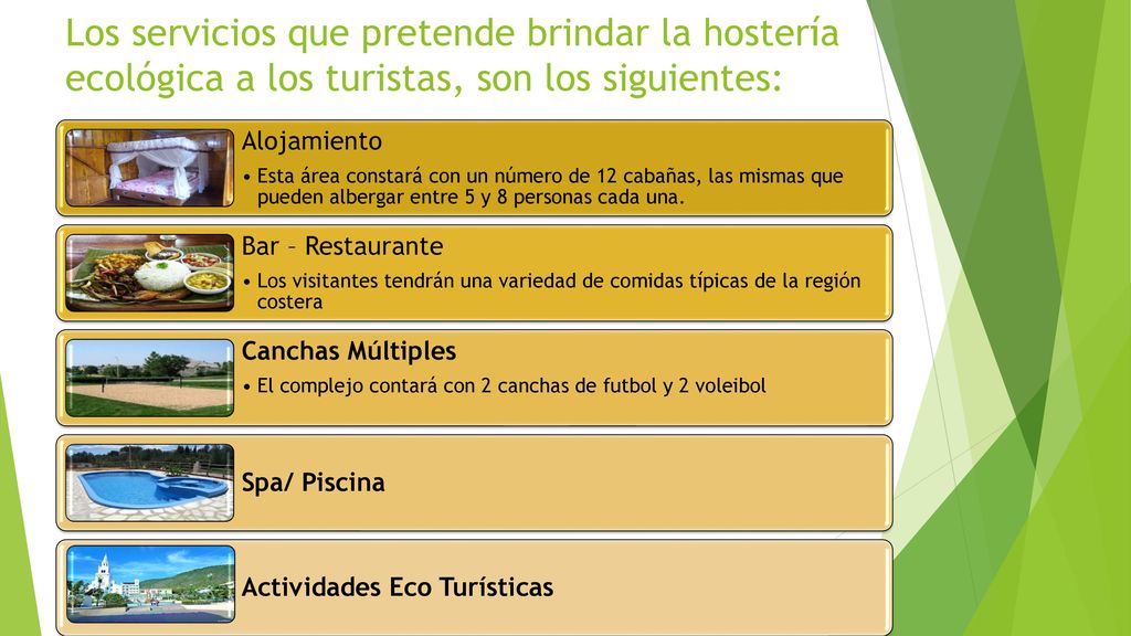 Los servicios que pretende brindar la hostería ecológica a los turistas, son los siguientes: