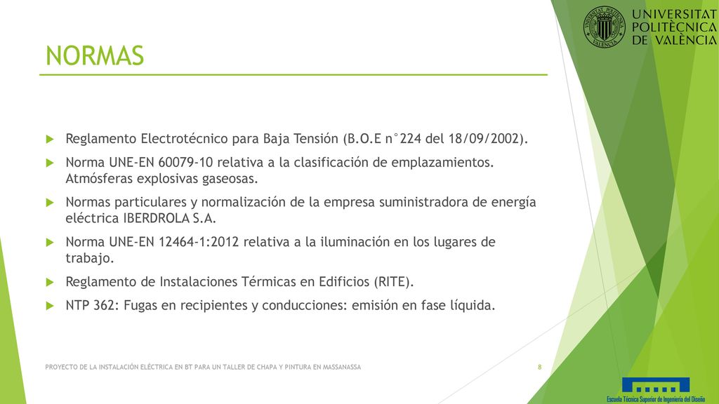 NORMAS Reglamento Electrotécnico para Baja Tensión (B.O.E n°224 del 18/09/2002).