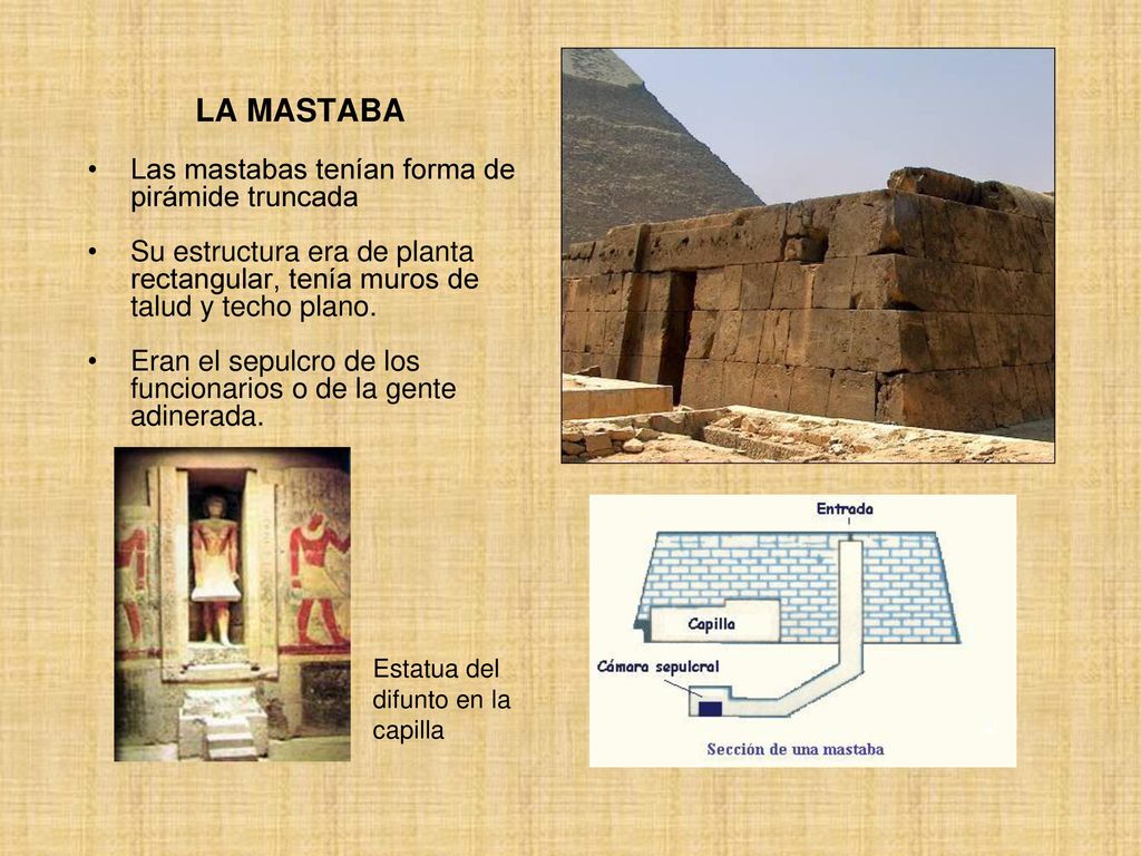 LA MASTABA Las mastabas tenían forma de pirámide truncada