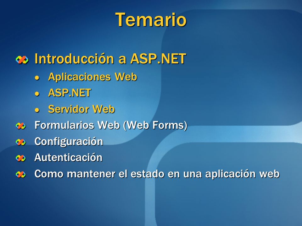 Temario Introducción a ASP.NET Aplicaciones Web ASP.NET Servidor Web