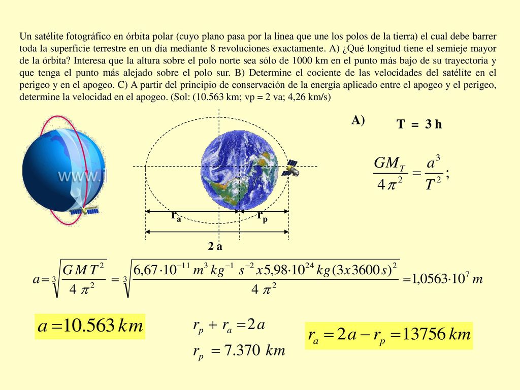 Un satélite fotográfico en órbita polar (cuyo plano pasa por la línea que une los polos de la tierra) el cual debe barrer toda la superficie terrestre en un día mediante 8 revoluciones exactamente. A) ¿Qué longitud tiene el semieje mayor de la órbita Interesa que la altura sobre el polo norte sea sólo de 1000 km en el punto más bajo de su trayectoria y que tenga el punto más alejado sobre el polo sur. B) Determine el cociente de las velocidades del satélite en el perigeo y en el apogeo. C) A partir del principio de conservación de la energía aplicado entre el apogeo y el perigeo, determine la velocidad en el apogeo. (Sol: ( km; vp = 2 va; 4,26 km/s)