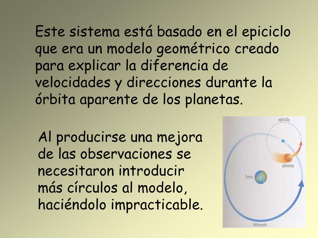 Este sistema está basado en el epiciclo que era un modelo geométrico creado para explicar la diferencia de velocidades y direcciones durante la órbita aparente de los planetas.