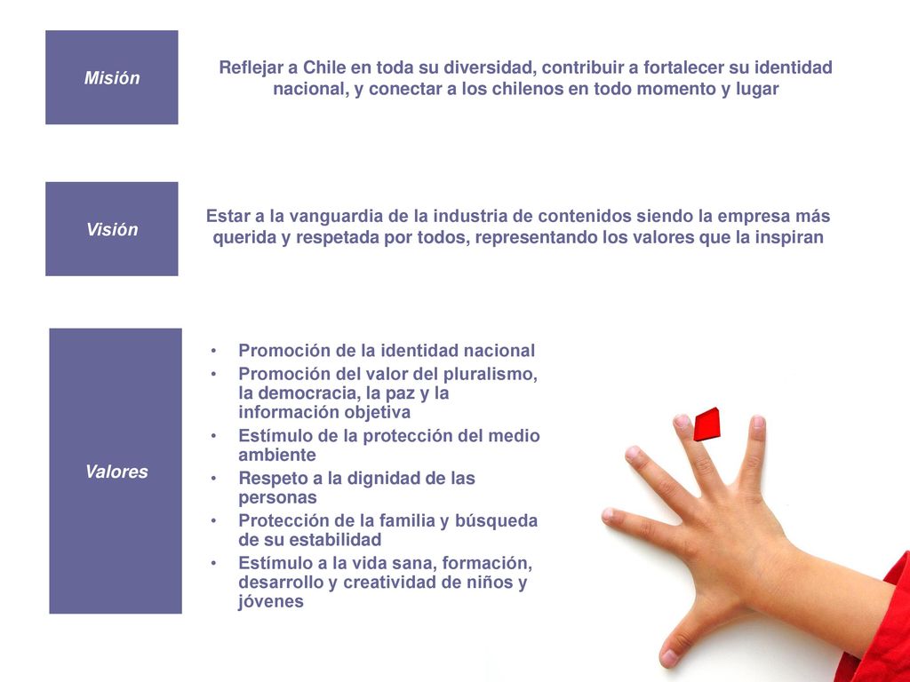 Misión Reflejar a Chile en toda su diversidad, contribuir a fortalecer su identidad nacional, y conectar a los chilenos en todo momento y lugar.