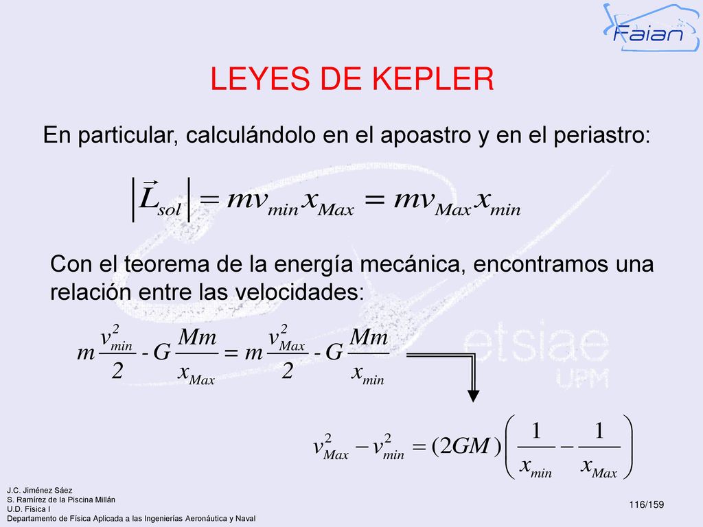 LEYES DE KEPLER En particular, calculándolo en el apoastro y en el periastro: