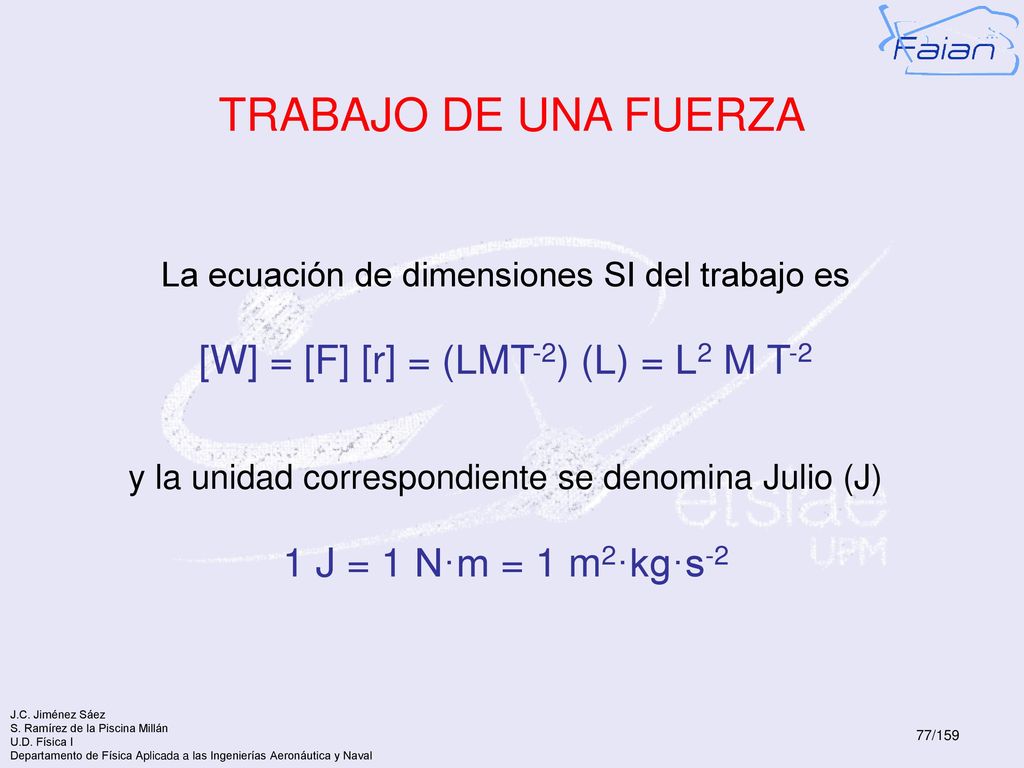 TRABAJO DE UNA FUERZA [W] = [F] [r] = (LMT-2) (L) = L2 M T-2
