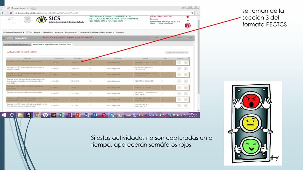 se toman de la sección 3 del formato PECTCS