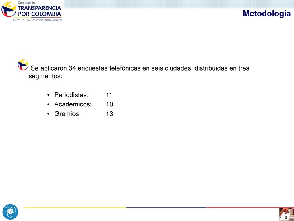 Metodología Se aplicaron 34 encuestas telefónicas en seis ciudades, distribuidas en tres segmentos:
