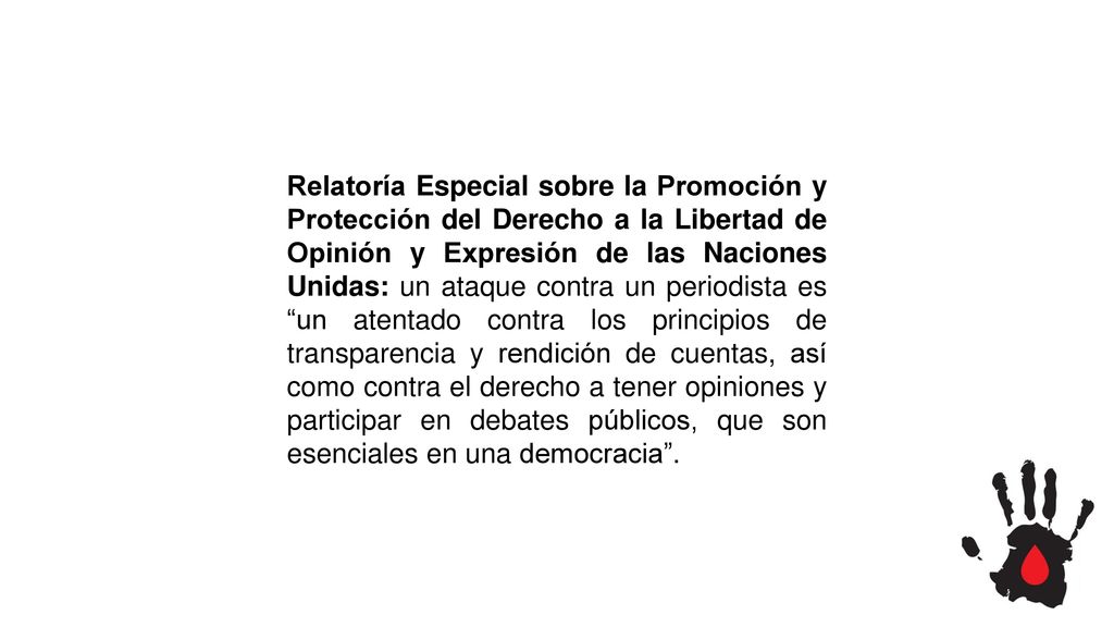Relatoría Especial sobre la Promoción y Protección del Derecho a la Libertad de Opinión y Expresión de las Naciones Unidas: un ataque contra un periodista es un atentado contra los principios de transparencia y rendición de cuentas, así como contra el derecho a tener opiniones y participar en debates públicos, que son esenciales en una democracia .