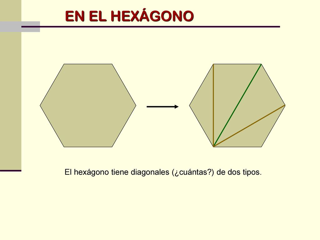 EN EL HEXÁGONO El hexágono tiene diagonales (¿cuántas ) de dos tipos.
