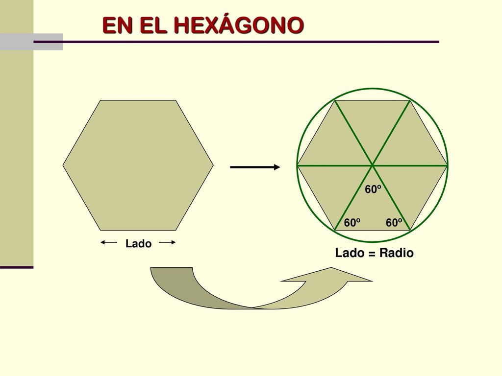 EN EL HEXÁGONO 60º 60º 60º Lado Lado = Radio