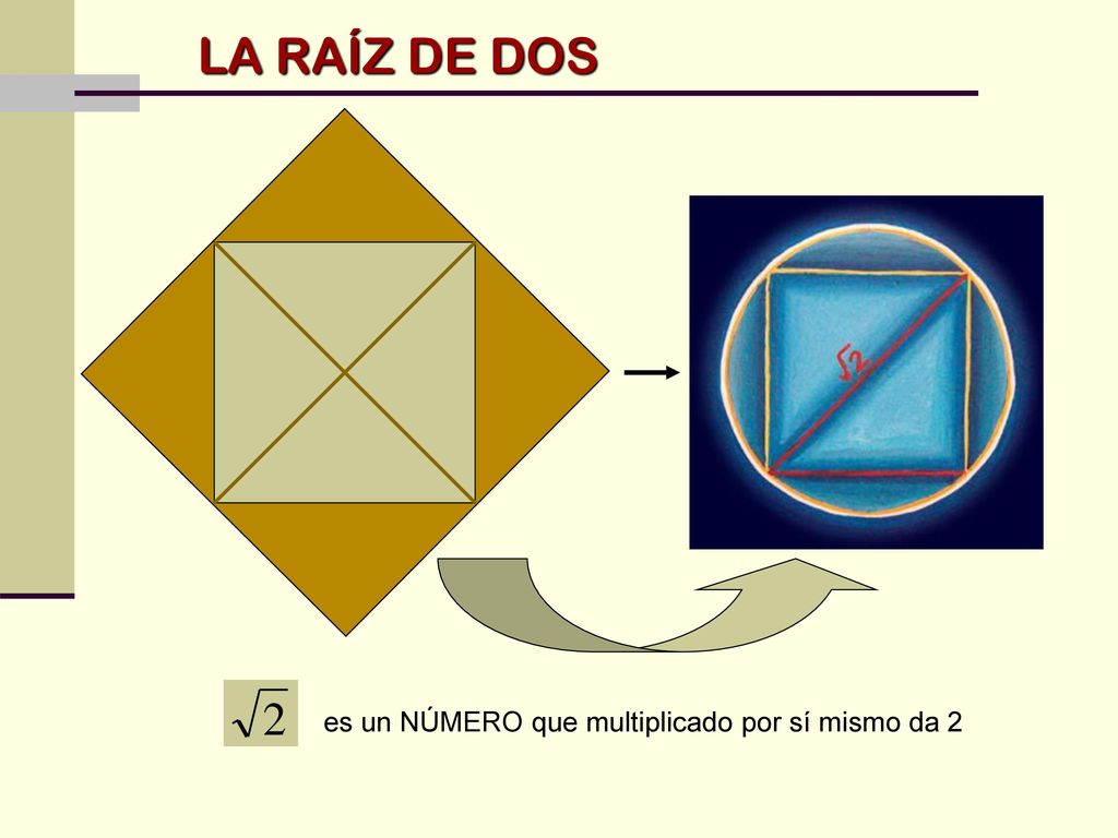 LA RAÍZ DE DOS es un NÚMERO que multiplicado por sí mismo da 2