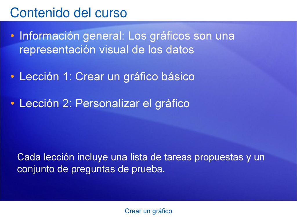 Contenido del curso Información general: Los gráficos son una representación visual de los datos. Lección 1: Crear un gráfico básico.