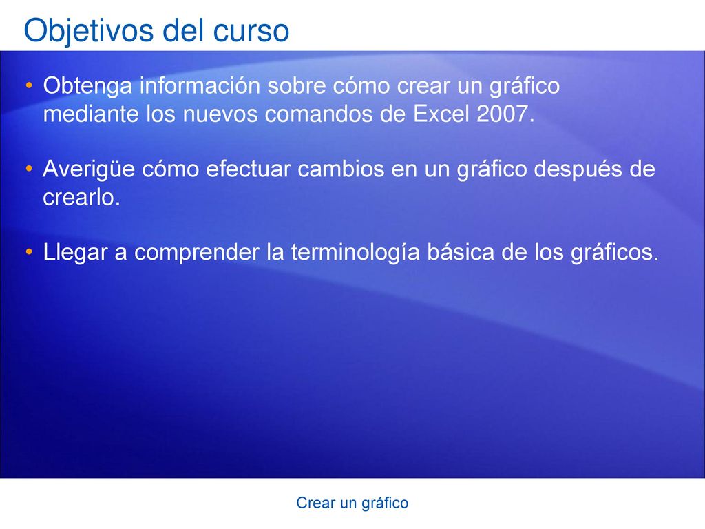 Objetivos del curso Obtenga información sobre cómo crear un gráfico mediante los nuevos comandos de Excel
