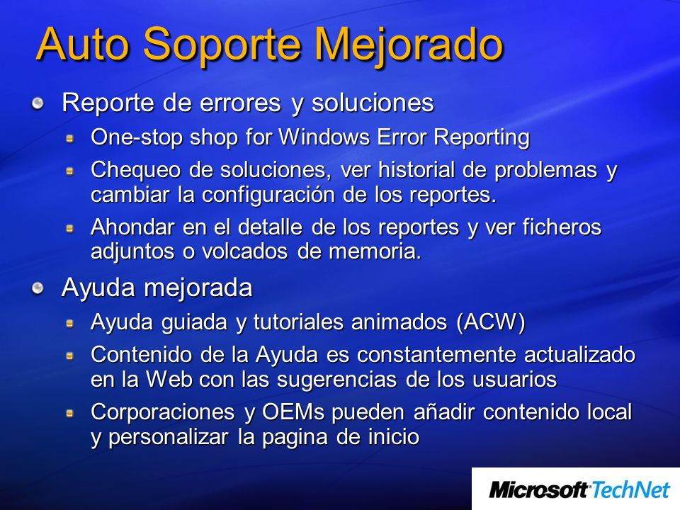 Auto Soporte Mejorado Reporte de errores y soluciones Ayuda mejorada