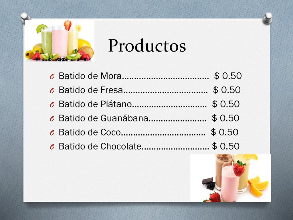 Productos Batido de Mora……………………………… $ 0.50