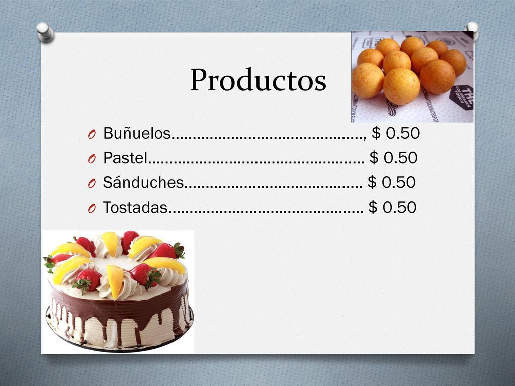 Productos Buñuelos………………………………………, $ 0.50