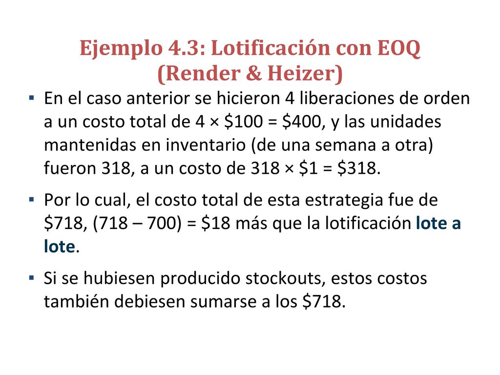 Ejemplo 4.4: Lotificación con Costo Total Minimo (Render & Heizer)