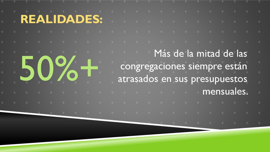 Realidades: 50%+ Más de la mitad de las congregaciones siempre están atrasados en sus presupuestos mensuales.